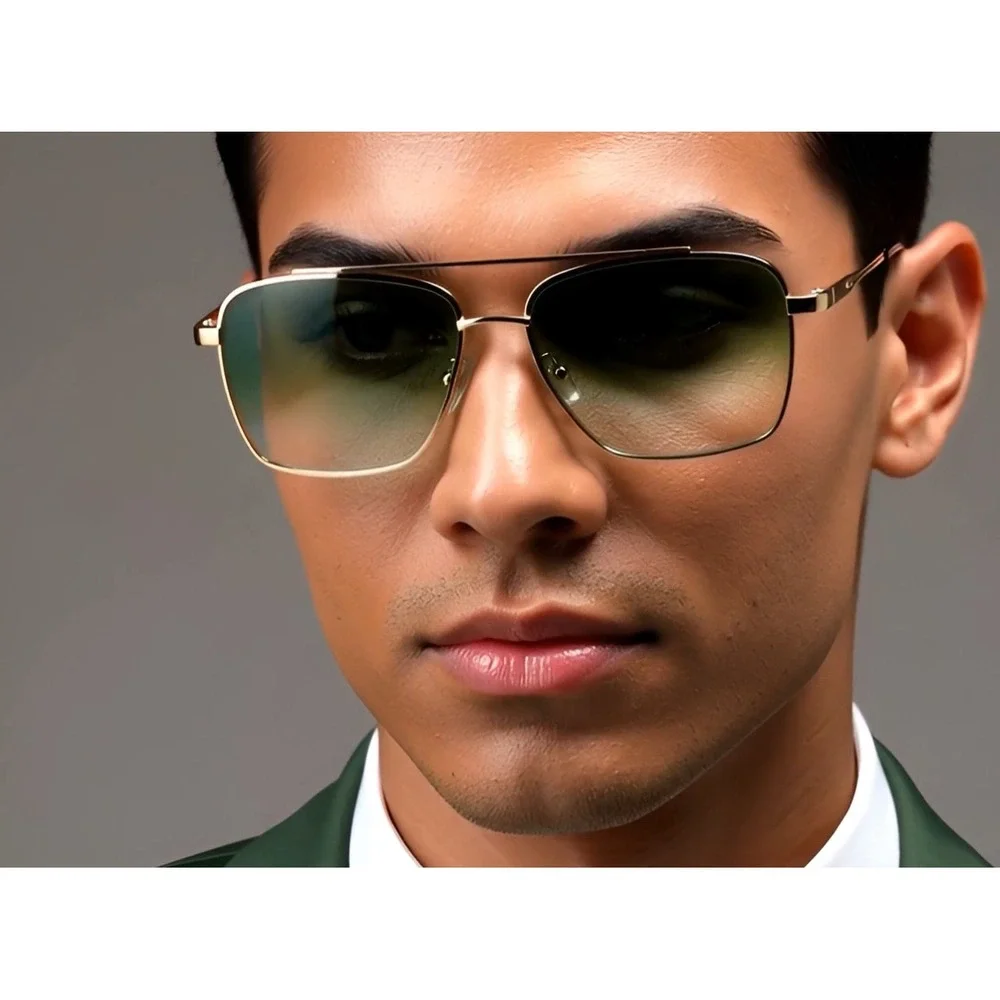 Gold Metal Aviator Sunglasses Gradient Green Lenses‎ Double Bridge Men's Fashion